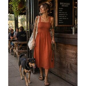 Altar Houseline LEAH Smocked Bodice Midi Dress Terracotta Orange WOMEN L USA